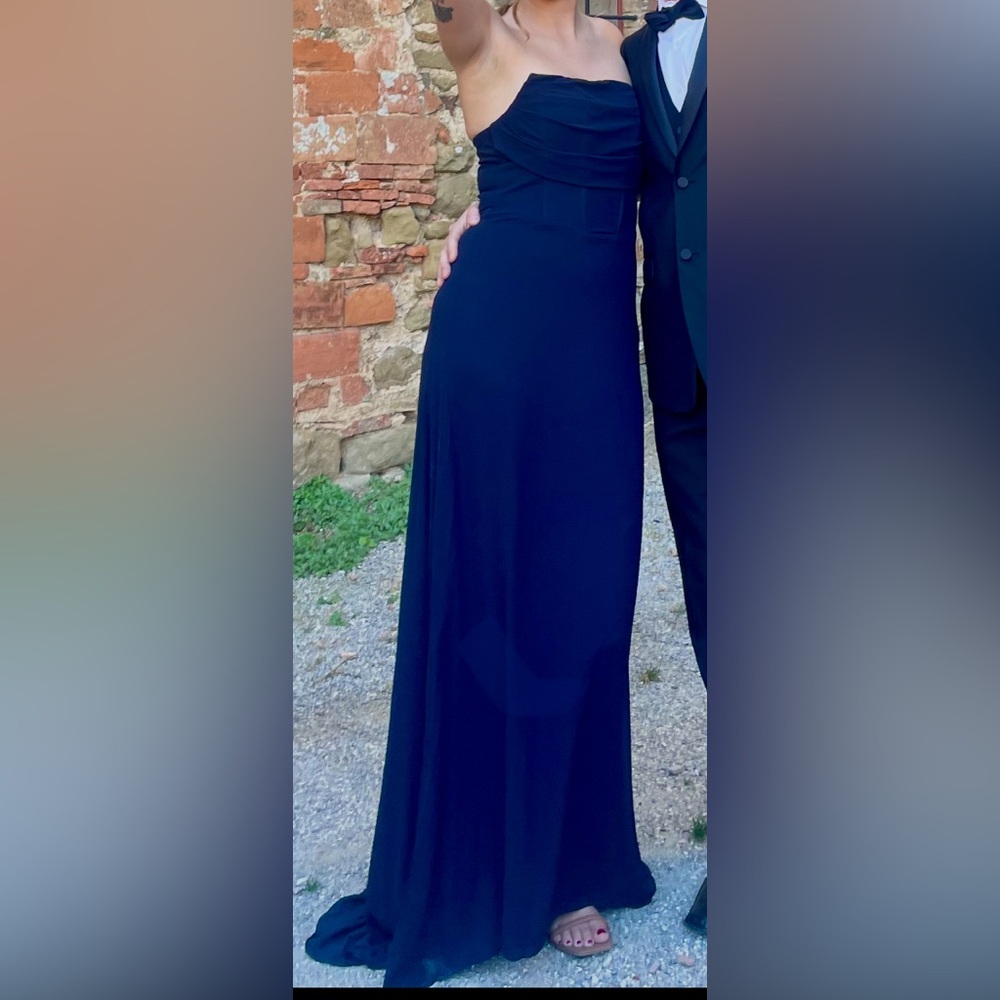TFNC Navy Blue Cowl Neck Strapless Chiffon Gown with Corset Bodice.